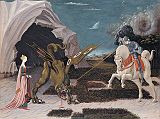 London National Gallery Top 20 03 Paolo Uccello - Saint George and the Dragon Paolo Uccello - St. George and the Dragon, about 1460, 56 x 74 cm. This picture shows two episodes from the story of St. George: his defeat of a plague-bearing dragon that had been terrorizing a city; and the rescued princess bringing the dragon to heel (with her belt as a leash). In the sky, a storm is gathering. The eye of the storm lines up with St. George's lance, suggesting that divine intervention has helped him to victory. Uccello uses the lance to emphasize the angle from which St. George attacks the dragon, helping to establish a three-dimensional space.